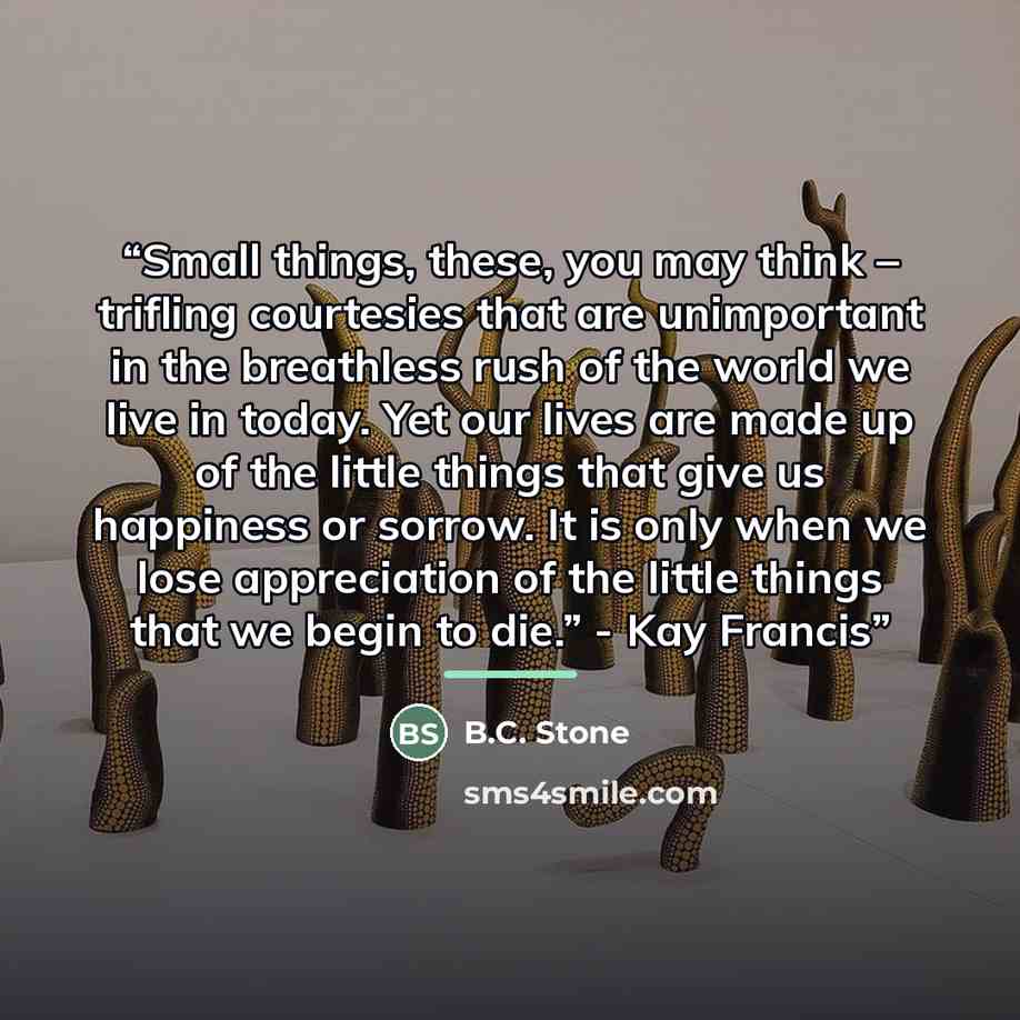 “Small things, these, you may think – trifling courtesies that are unimportant in the breathless rush of the world we live in today. Yet our lives are made up of the little things that give us happiness or sorrow. It is only when we lose appreciation of the little things that we begin to die.”…” quote by B.C. Stone