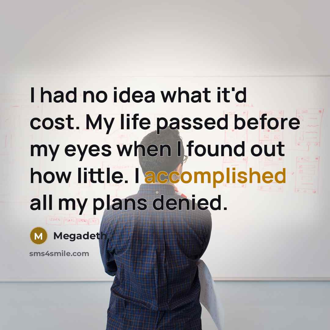 “I had no idea what it'd cost. My life passed before my eyes when I found out how little. I accomplished all my plans denied.” quote by Megadeth