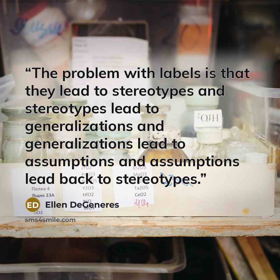 “The problem with labels is that they lead to stereotypes and stereotypes lead to generalizations and generalizations lead to assumptions and assumptions lead back to stereotypes.” quote by Ellen DeGeneres