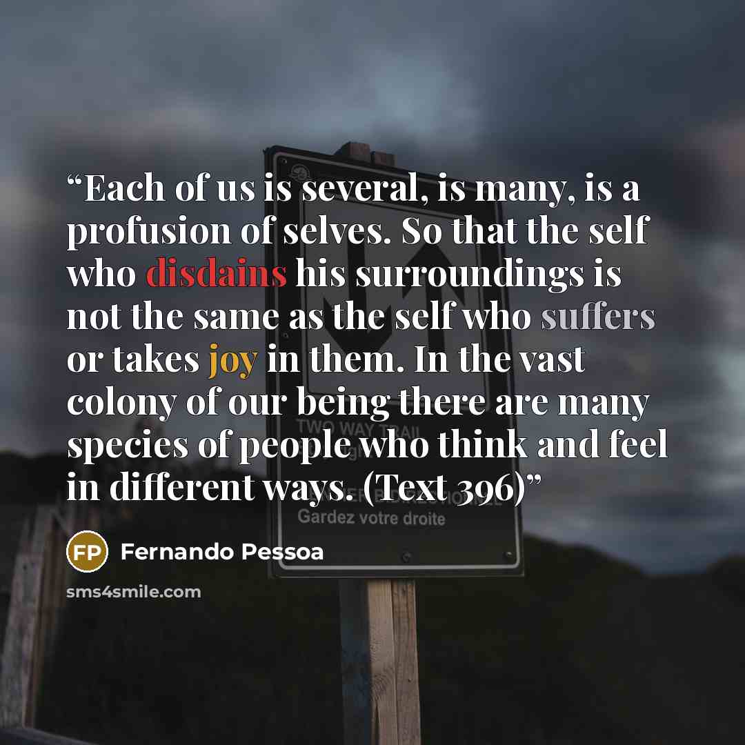 “Each of us is several, is many, is a profusion of selves. So that the self who disdains his surroundings is not the same as the self who suffers or takes joy in them. In the vast colony of our being there are many species of people who think and feel in different ways. (Text 396)” quote by Fernando Pessoa
