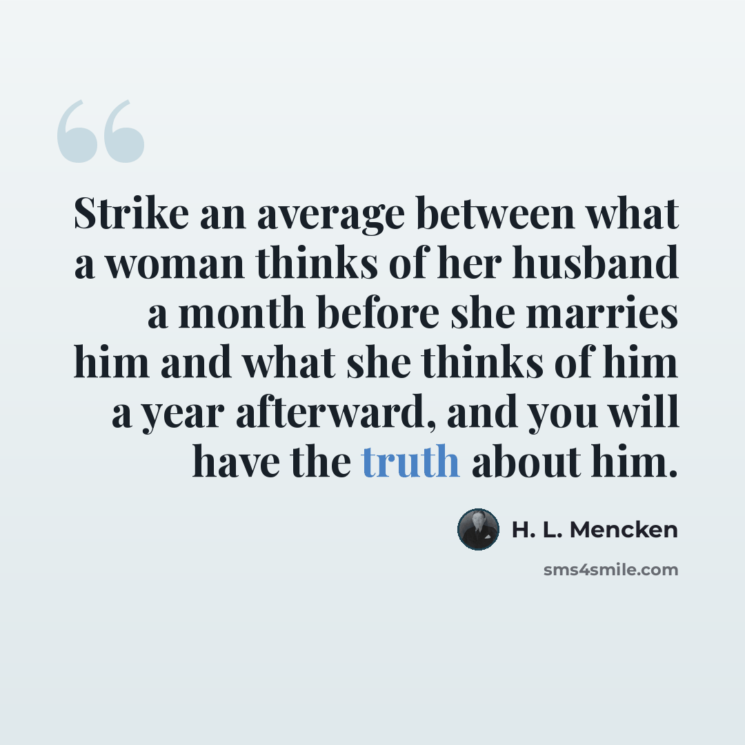 “Strike an average between what a woman thinks of her husband a month before she marries him and what she thinks of him a year afterward, and you will have the truth about him.” quote by H. L. Mencken