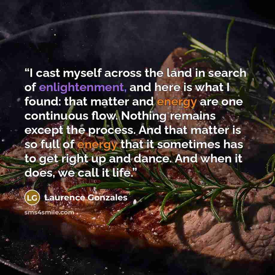 “I cast myself across the land in search of enlightenment, and here is what I found: that matter and energy are one continuous flow. Nothing remains except the process. And that matter is so full of energy that it sometimes has to get right up and dance. And when it does, we call it life.” quote by Laurence Gonzales