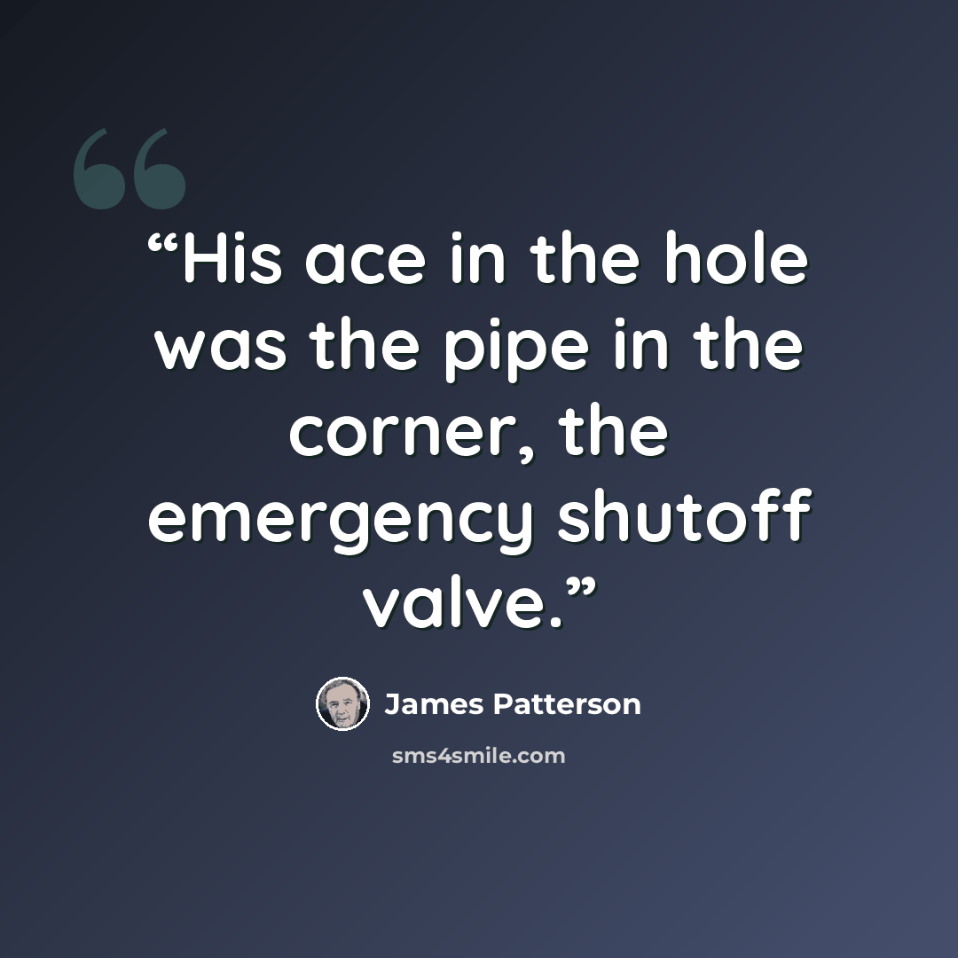 “His ace in the hole was the pipe in the corner, the emergency shutoff valve.” quote by James Patterson