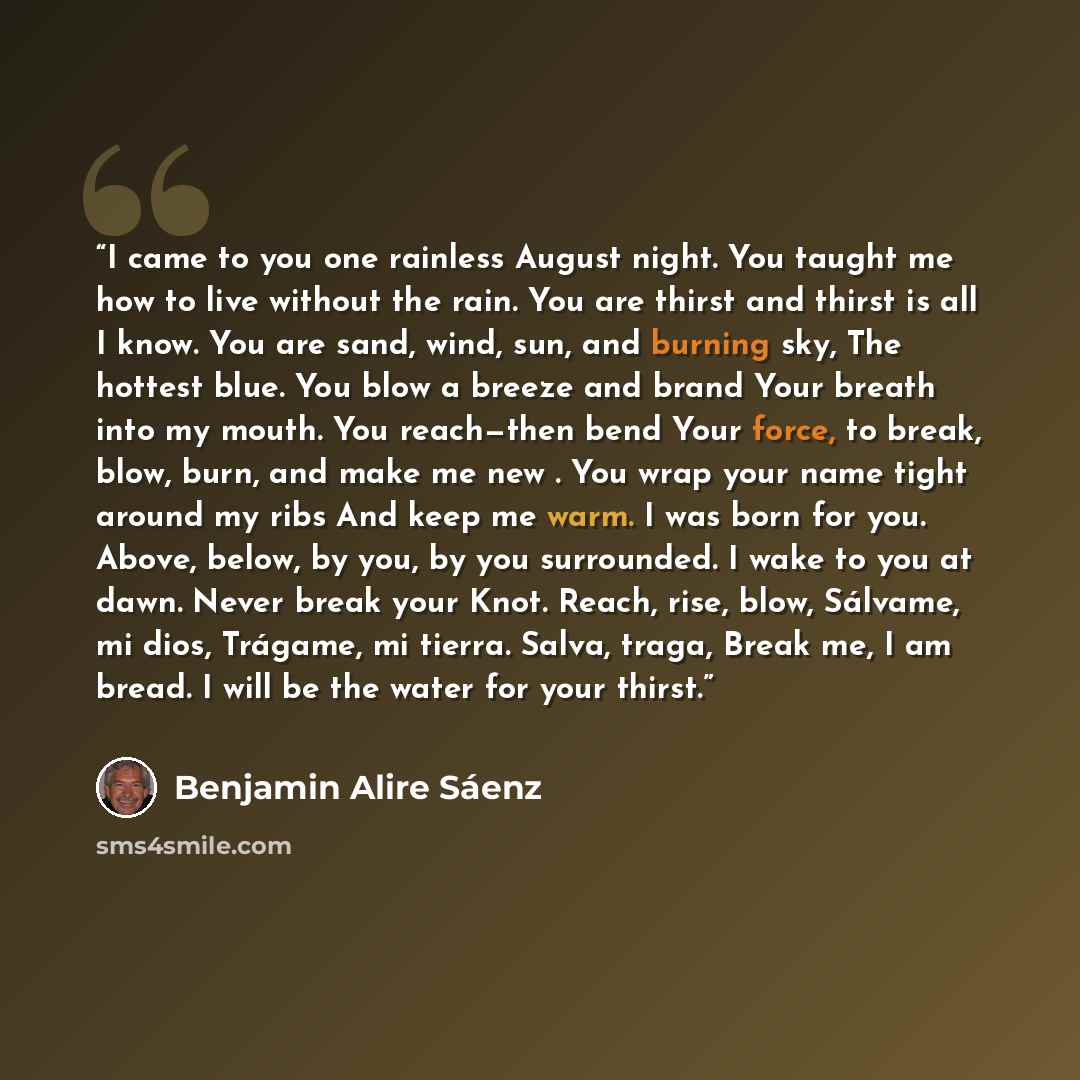 “I came to you one rainless August night. You taught me how to live without the rain. You are thirst and thirst is all I know. You are sand, wind, sun, and burning sky, The hottest blue. You blow a breeze and brand Your breath into my mouth. You reach—then bend Your force, to break, blow, burn, and…” quote by Benjamin Alire Sáenz