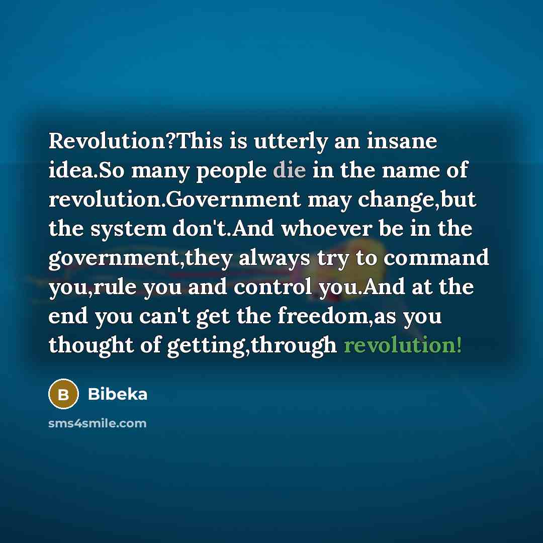“Revolution?This is utterly an insane idea.So many people die in the name of revolution.Government may change,but the system don't.And whoever be in the government,they always try to command you,rule you and control you.And at the end you can't get the freedom,as you thought of getting,through…” quote by Bibeka