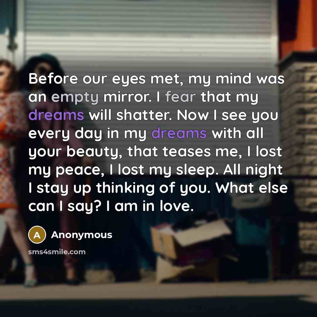 “Before our eyes met, my mind was an empty mirror. I fear that my dreams will shatter. Now I see you every day in my dreams with all your beauty, that teases me, I lost my peace, I lost my sleep. All night I stay up thinking of you. What else can I say? I am in love.” quote by Anonymous