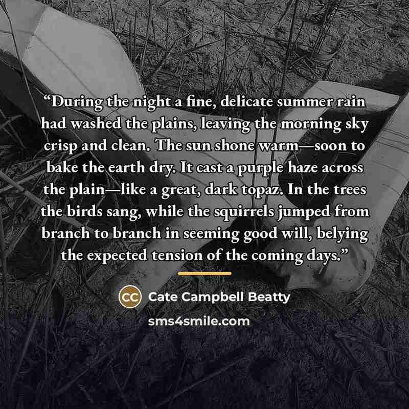 “During the night a fine, delicate summer rain had washed the plains, leaving the morning sky crisp and clean. The sun shone warm—soon to bake the earth dry. It cast a purple haze across the plain—like a great, dark topaz. In the trees the birds sang, while the squirrels jumped from branch to…” quote by Cate Campbell Beatty
