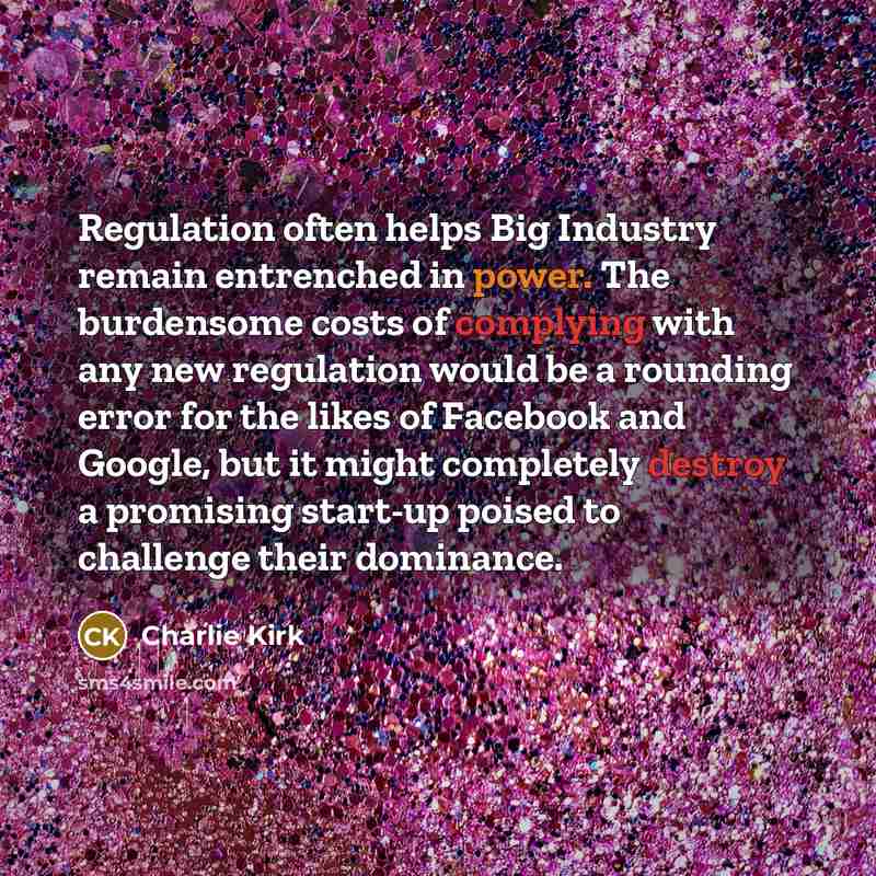 “Regulation often helps Big Industry remain entrenched in power. The burdensome costs of complying with any new regulation would be a rounding error for the likes of Facebook and Google, but it might completely destroy a promising start-up poised to challenge their dominance.” quote by Charlie Kirk