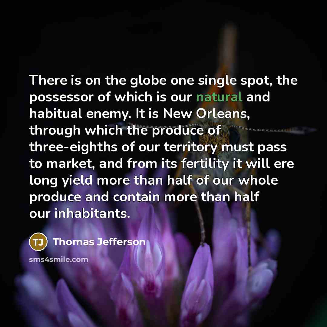 “There is on the globe one single spot, the possessor of which is our natural and habitual enemy. It is New Orleans, through which the produce of three-eighths of our territory must pass to market, and from its fertility it will ere long yield more than half of our whole produce and contain more…” quote by Thomas Jefferson