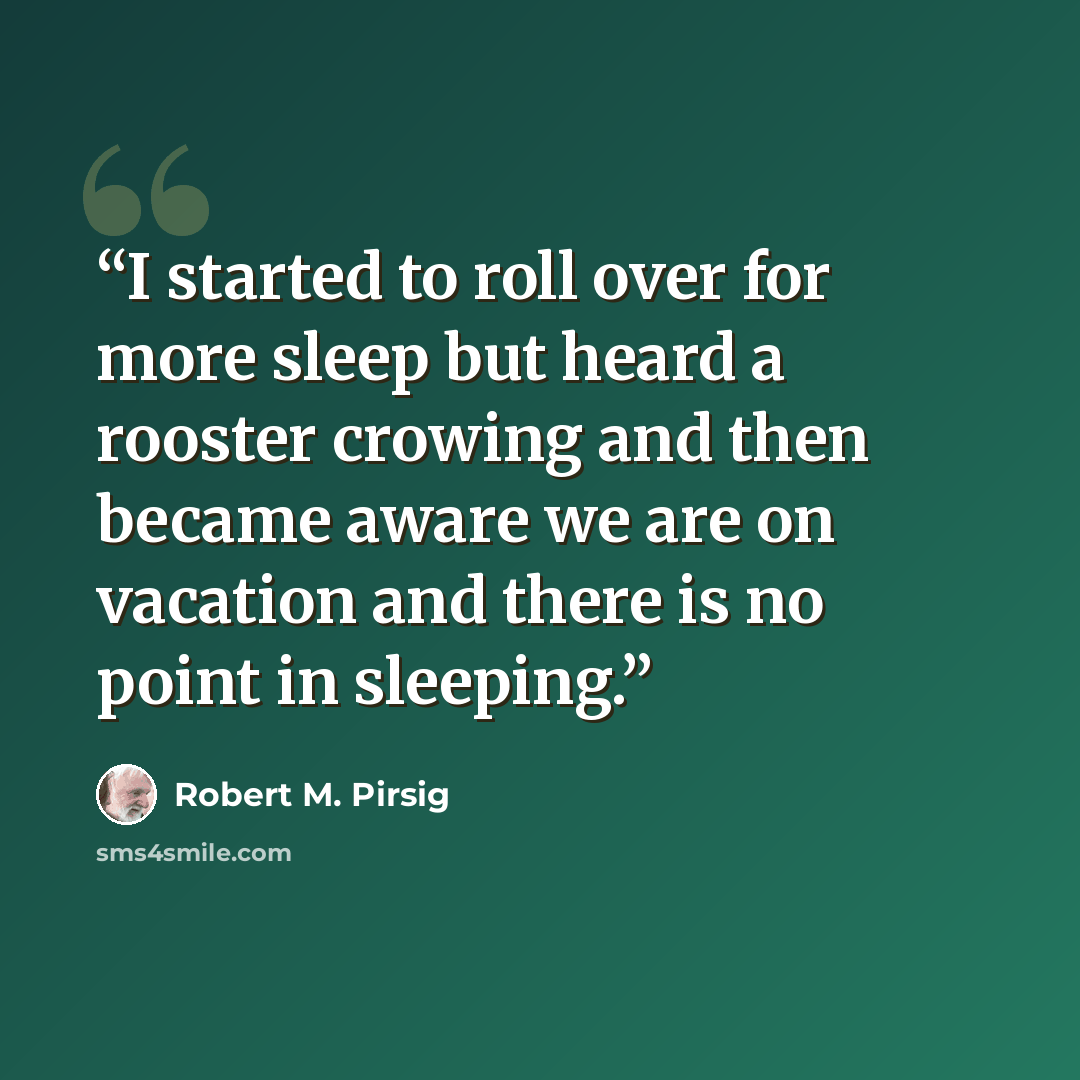 “I started to roll over for more sleep but heard a rooster crowing and then became aware we are on vacation and there is no point in sleeping.” quote by Robert M. Pirsig
