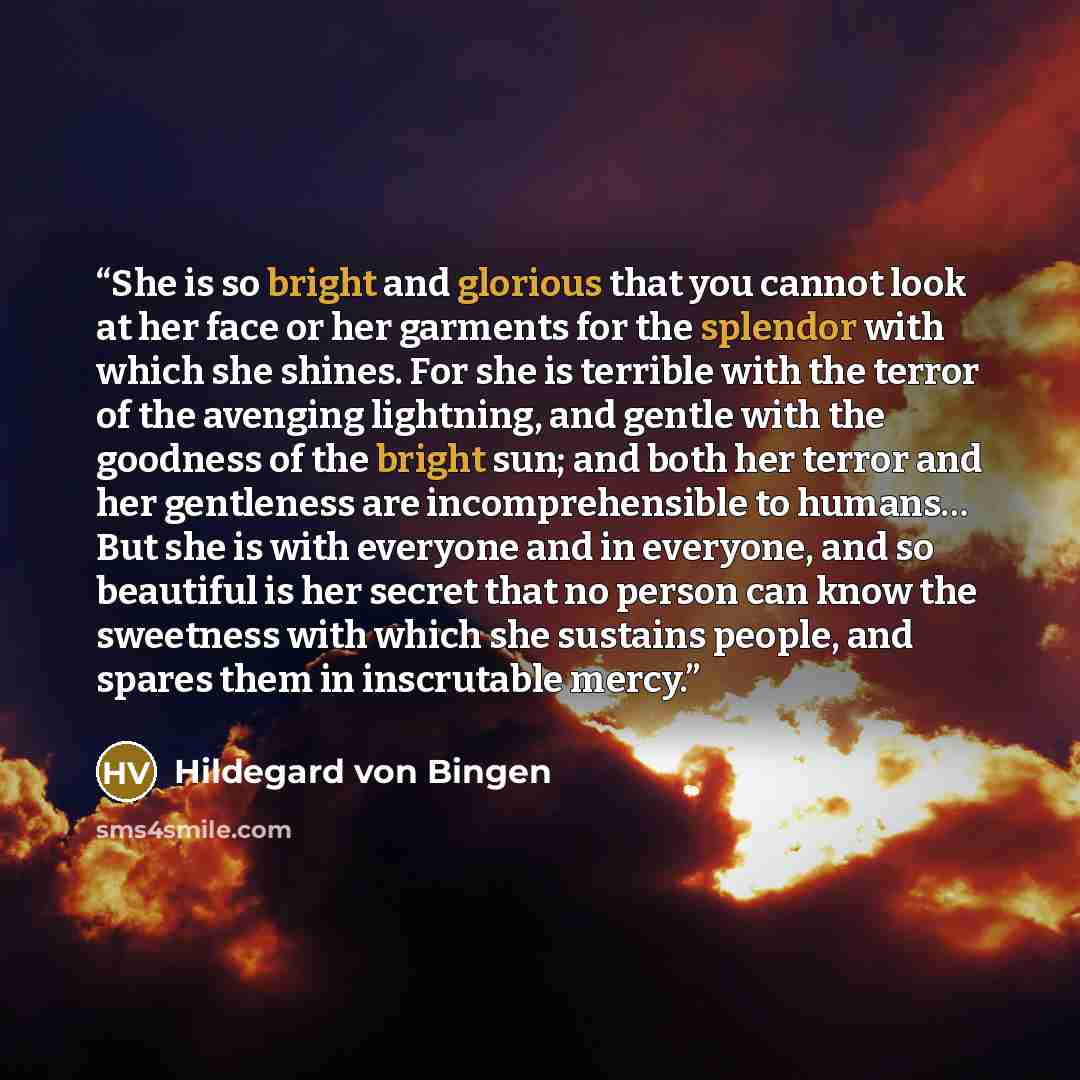 “She is so bright and glorious that you cannot look at her face or her garments for the splendor with which she shines. For she is terrible with the terror of the avenging lightning, and gentle with the goodness of the bright sun; and both her terror and her gentleness are incomprehensible to…” quote by Hildegard von Bingen