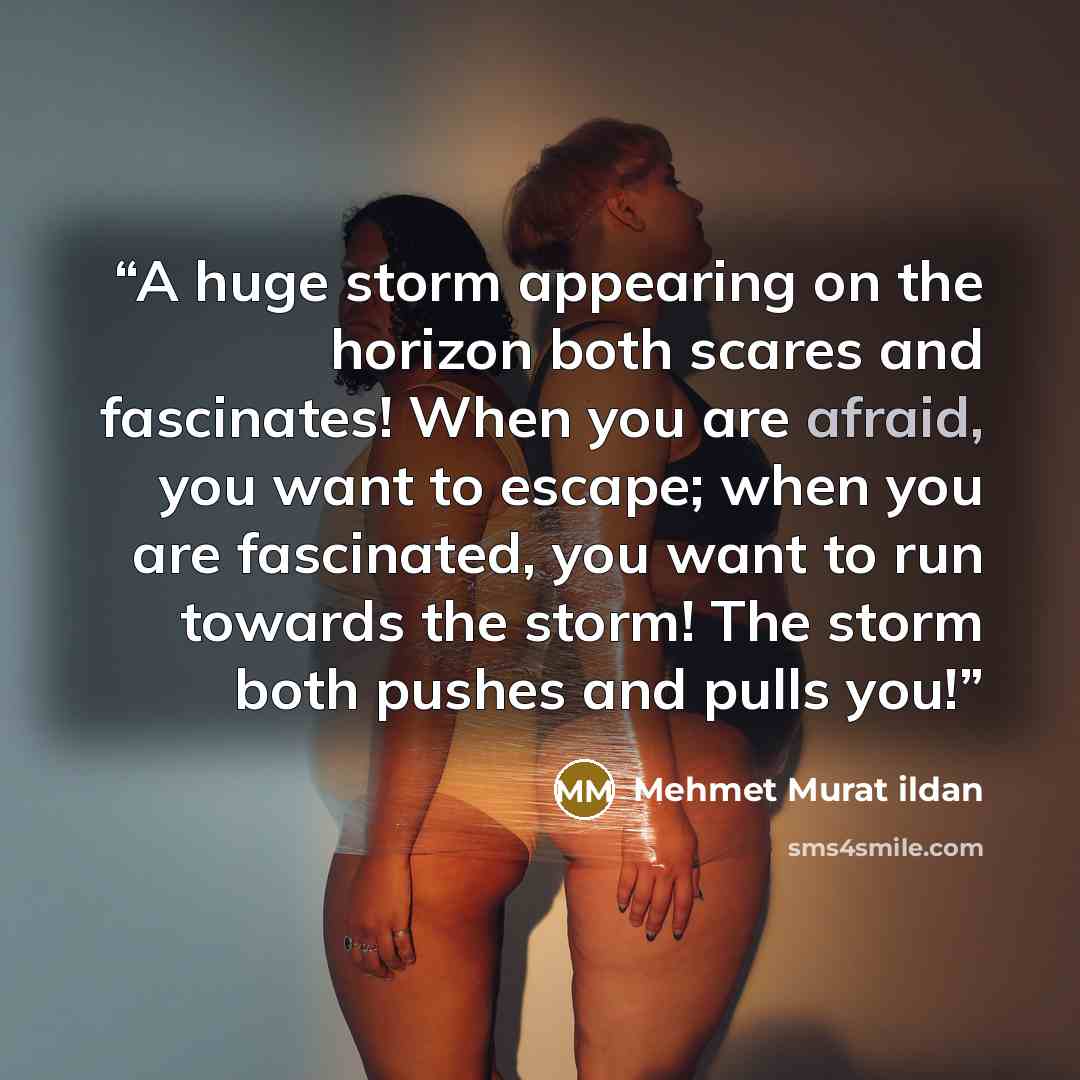 “A huge storm appearing on the horizon both scares and fascinates! When you are afraid, you want to escape; when you are fascinated, you want to run towards the storm! The storm both pushes and pulls you!” quote by Mehmet Murat ildan
