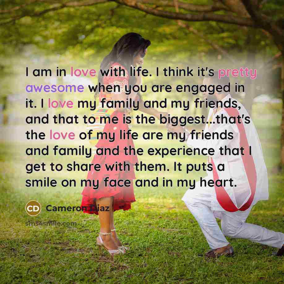 “I am in love with life. I think it's pretty awesome when you are engaged in it. I love my family and my friends, and that to me is the biggest...that's the love of my life are my friends and family and the experience that I get to share with them. It puts a smile on my face and in my heart.” quote by Cameron Diaz