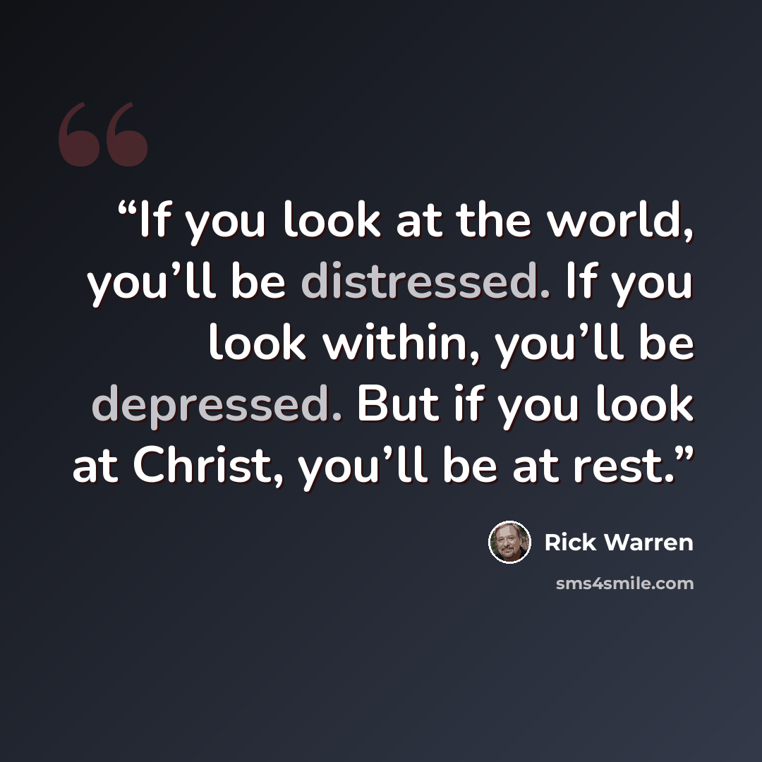 “If you look at the world, you’ll be distressed. If you look within, you’ll be depressed. But if you look at Christ, you’ll be at rest.” quote by Rick Warren