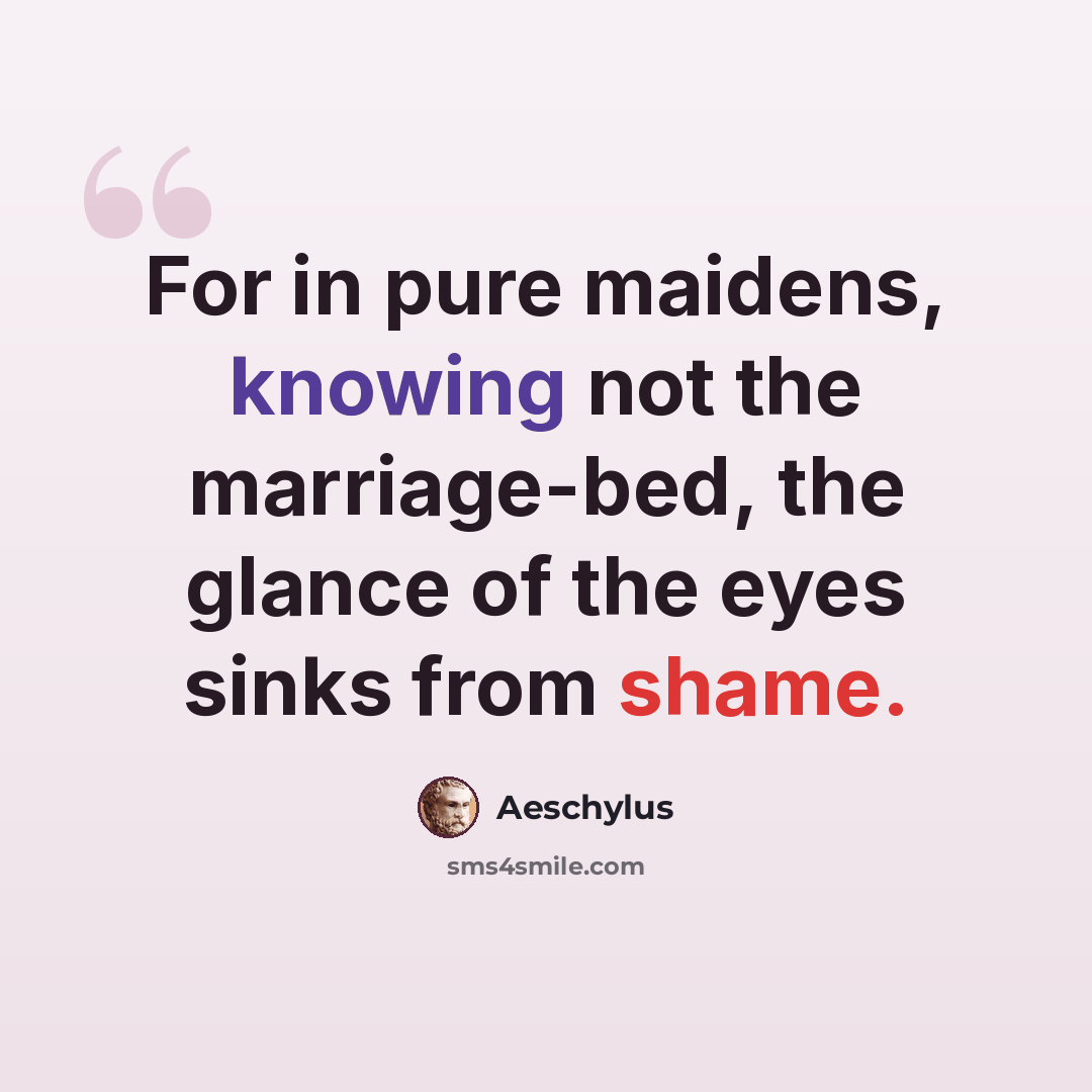 “For in pure maidens, knowing not the marriage-bed, the glance of the eyes sinks from shame.” quote by Aeschylus