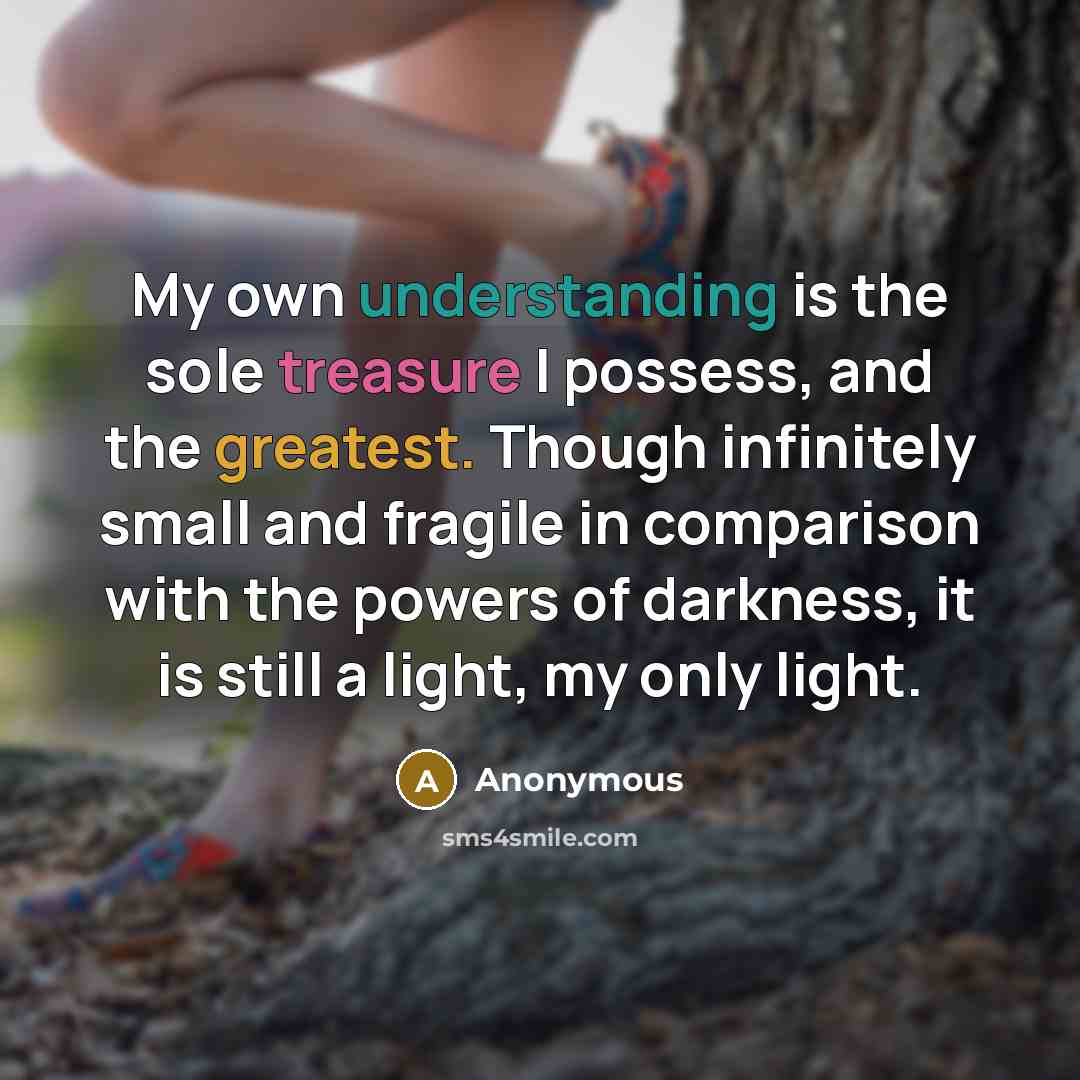 “My own understanding is the sole treasure I possess, and the greatest. Though infinitely small and fragile in comparison with the powers of darkness, it is still a light, my only light.” quote by Anonymous