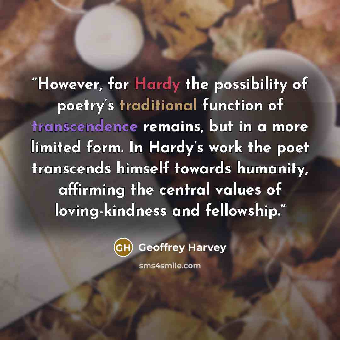 “However, for Hardy the possibility of poetry’s traditional function of transcendence remains, but in a more limited form. In Hardy’s work the poet transcends himself towards humanity, affirming the central values of loving-kindness and fellowship.” quote by Geoffrey Harvey
