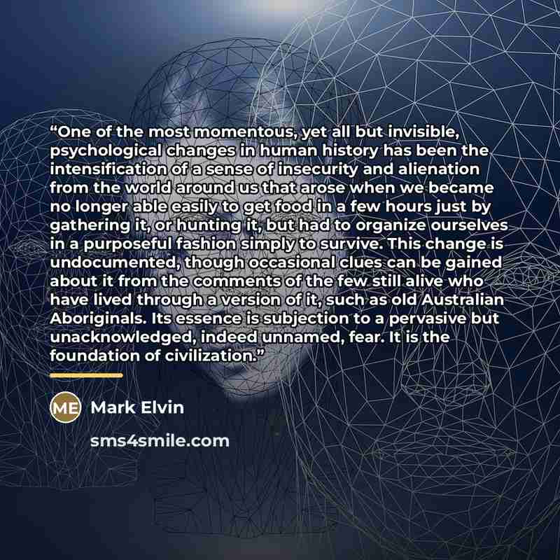 “One of the most momentous, yet all but invisible, psychological changes in human history has been the intensification of a sense of insecurity and alienation from the world around us that arose when we became no longer able easily to get food in a few hours just by gathering it, or hunting it, but…” quote by Mark Elvin