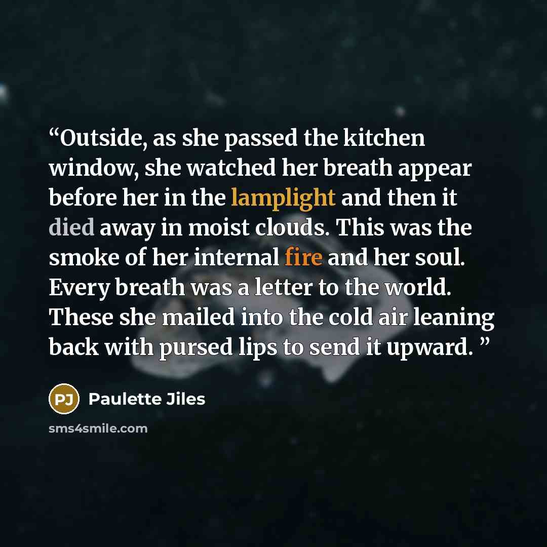 “Outside, as she passed the kitchen window, she watched her breath appear before her in the lamplight and then it died away in moist clouds. This was the smoke of her internal fire and her soul. Every breath was a letter to the world. These she mailed into the cold air leaning back with pursed lips…” quote by Paulette Jiles