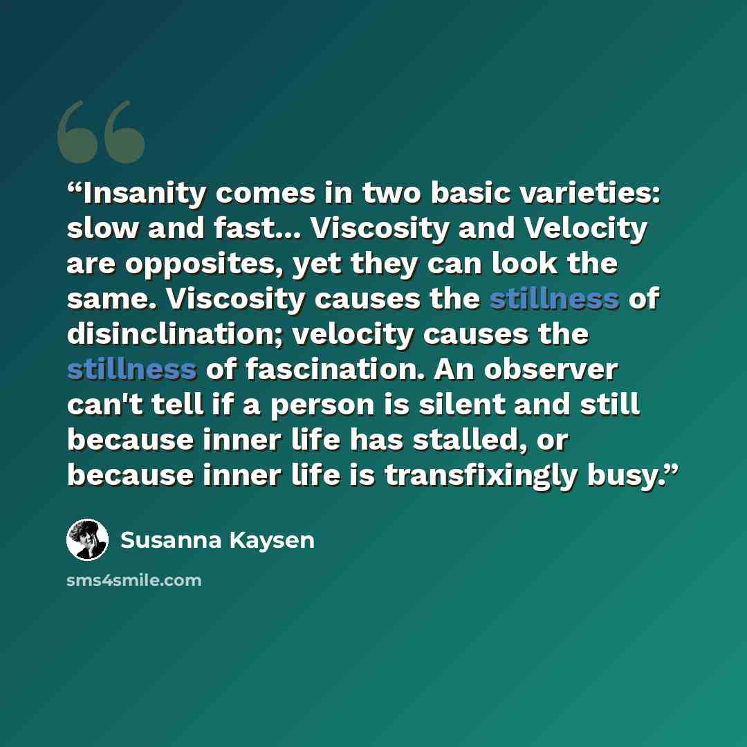“Insanity comes in two basic varieties: slow and fast... Viscosity and Velocity are opposites, yet they can look the same. Viscosity causes the stillness of disinclination; velocity causes the stillness of fascination. An observer can't tell if a person is silent and still because inner life has…” quote by Susanna Kaysen
