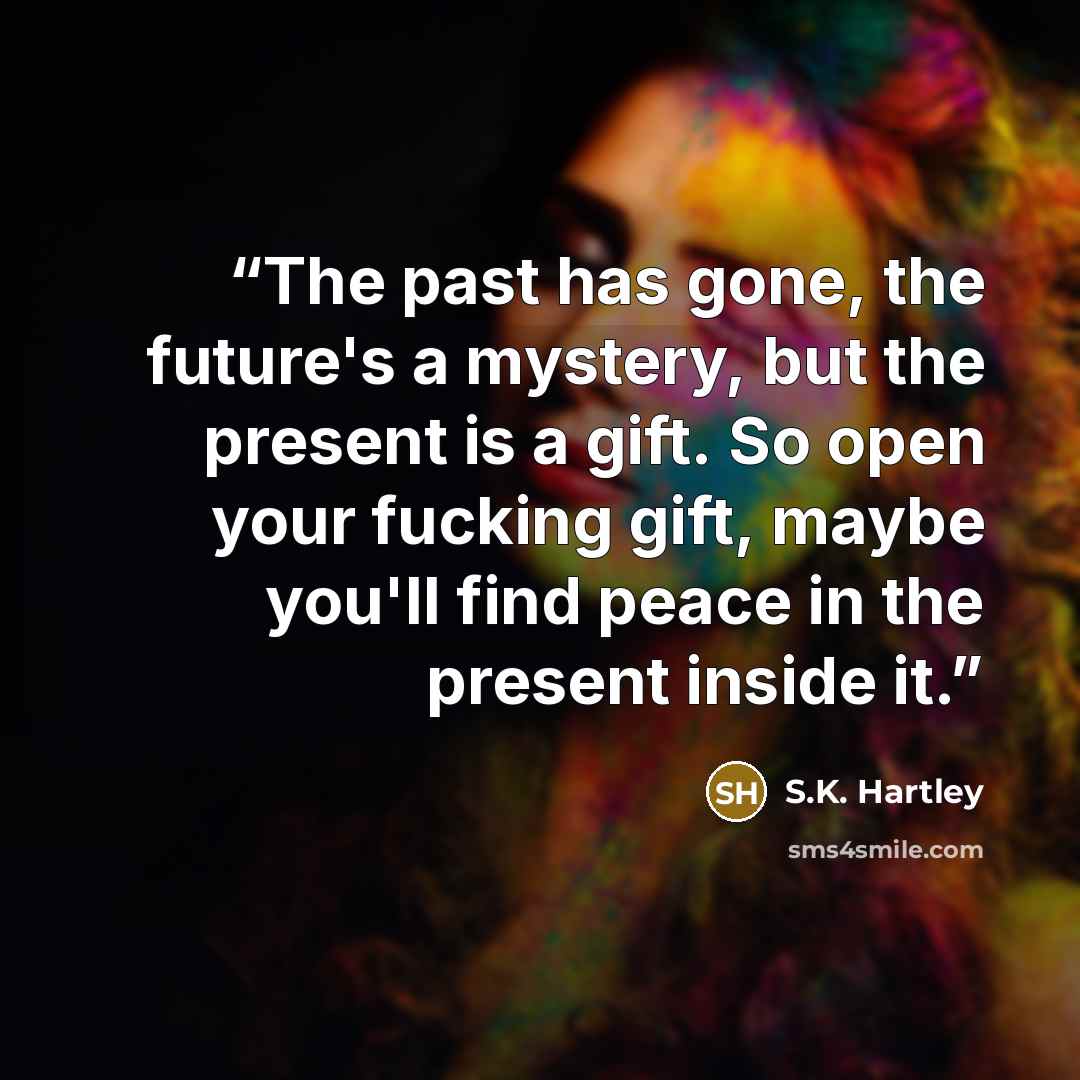 “The past has gone, the future's a mystery, but the present is a gift. So open your fucking gift, maybe you'll find peace in the present inside it.” quote by S.K. Hartley
