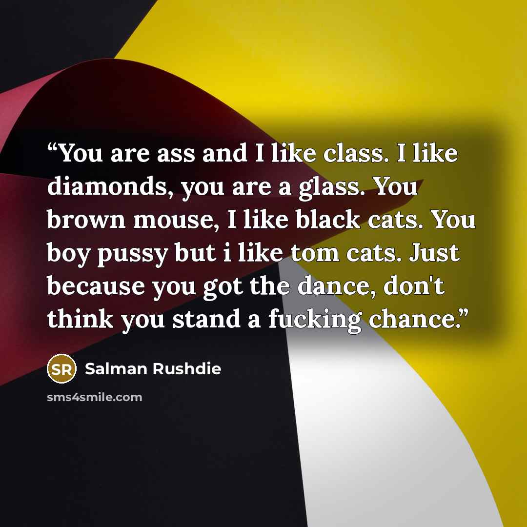 “You are ass and I like class. I like diamonds, you are a glass. You brown mouse, I like black cats. You boy pussy but i like tom cats. Just because you got the dance, don't think you stand a fucking chance.” quote by Salman Rushdie