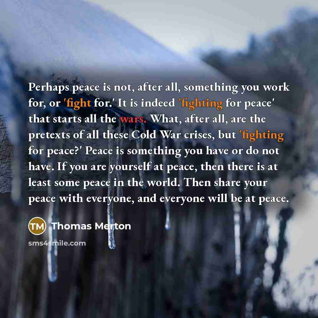 “Perhaps peace is not, after all, something you work for, or 'fight for.' It is indeed 'fighting for peace' that starts all the wars. What, after all, are the pretexts of all these Cold War crises, but 'fighting for peace?' Peace is something you have or do not have. If you are yourself at peace…” quote by Thomas Merton