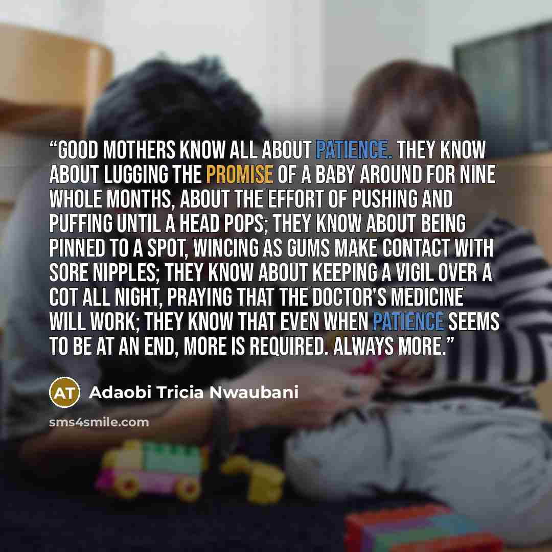 “Good mothers know all about patience. They know about lugging the promise of a baby around for nine whole months, about the effort of pushing and puffing until a head pops; they know about being pinned to a spot, wincing as gums make contact with sore nipples; they know about keeping a vigil over…” quote by Adaobi Tricia Nwaubani