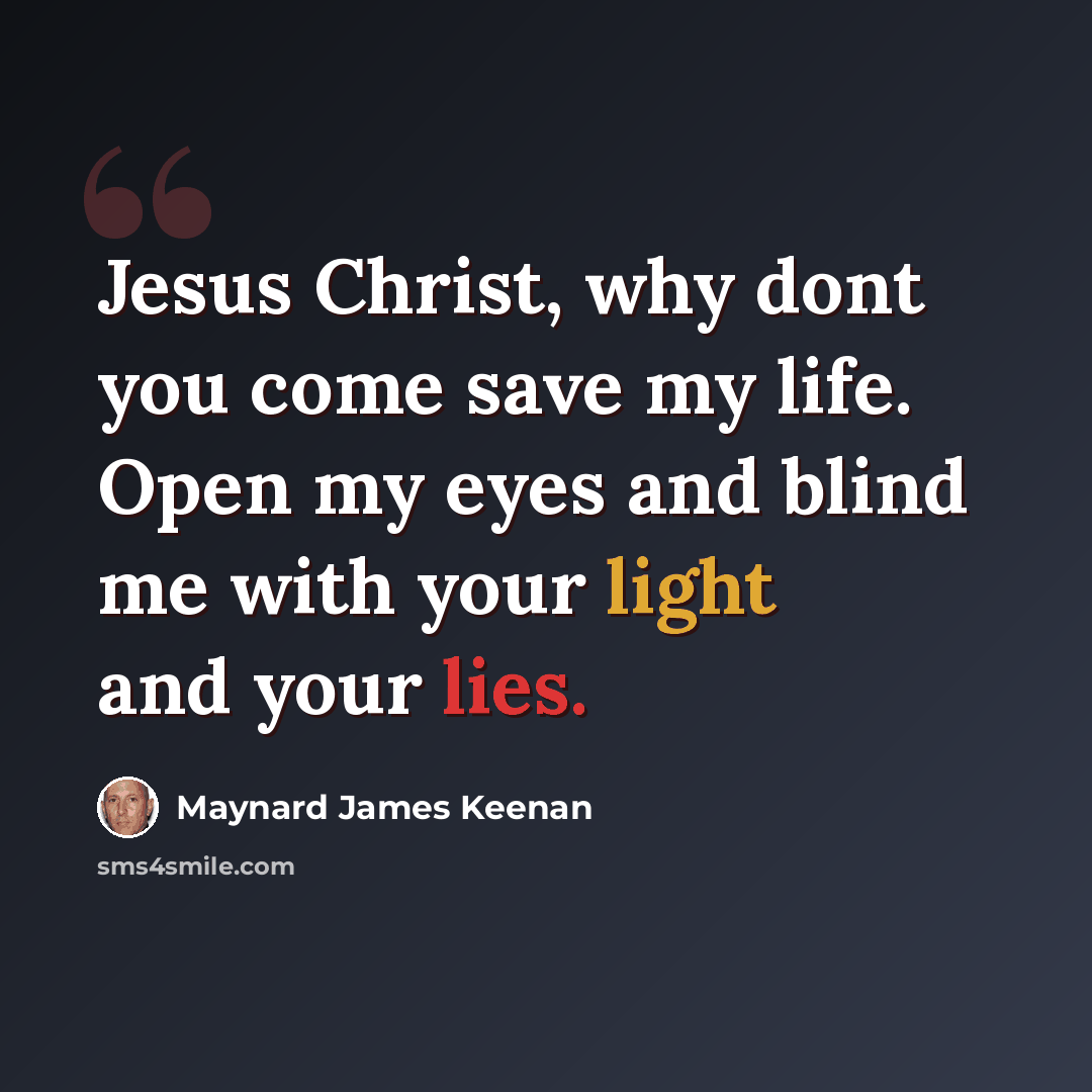 “Jesus Christ, why dont you come save my life. Open my eyes and blind me with your light and your lies.” quote by Maynard James Keenan