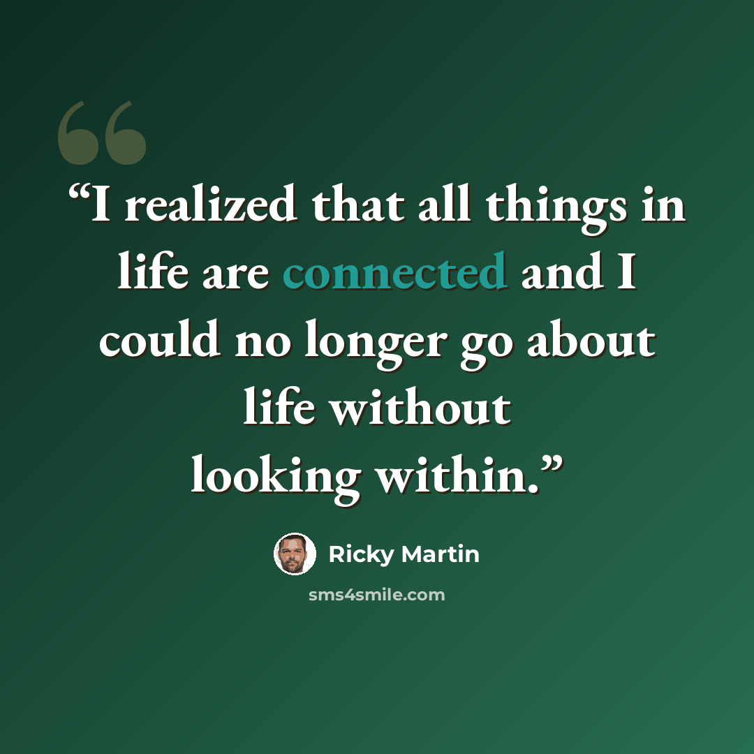 “I realized that all things in life are connected and I could no longer go about life without looking within.” quote by Ricky Martin