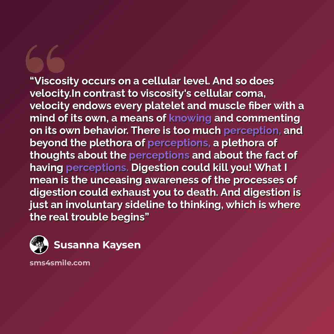 “Viscosity occurs on a cellular level. And so does velocity.In contrast to viscosity's cellular coma, velocity endows every platelet and muscle fiber with a mind of its own, a means of knowing and commenting on its own behavior. There is too much perception, and beyond the plethora of perceptions…” quote by Susanna Kaysen