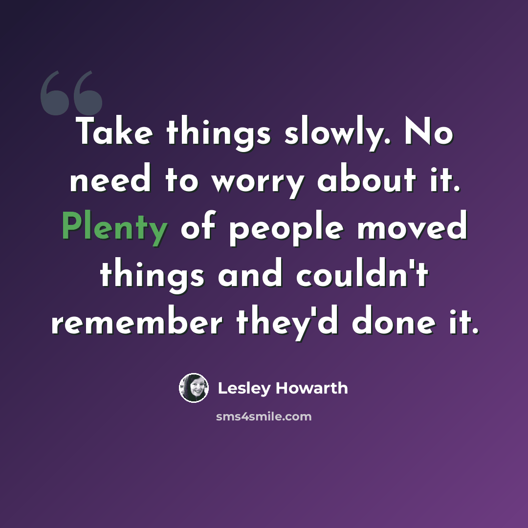 “Take things slowly. No need to worry about it. Plenty of people moved things and couldn't remember they'd done it.” quote by Lesley Howarth
