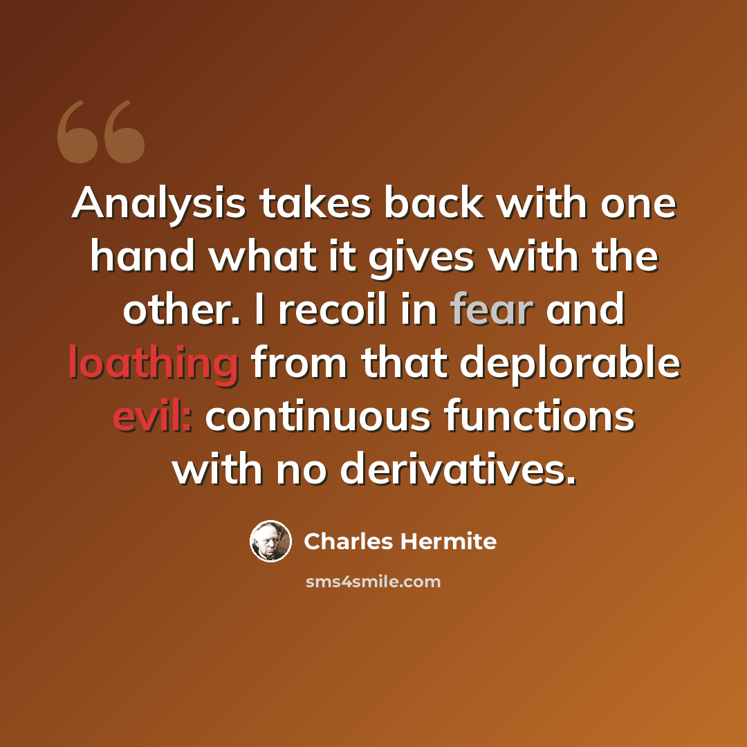 “Analysis takes back with one hand what it gives with the other. I recoil in fear and loathing from that deplorable evil: continuous functions with no derivatives.” quote by Charles Hermite