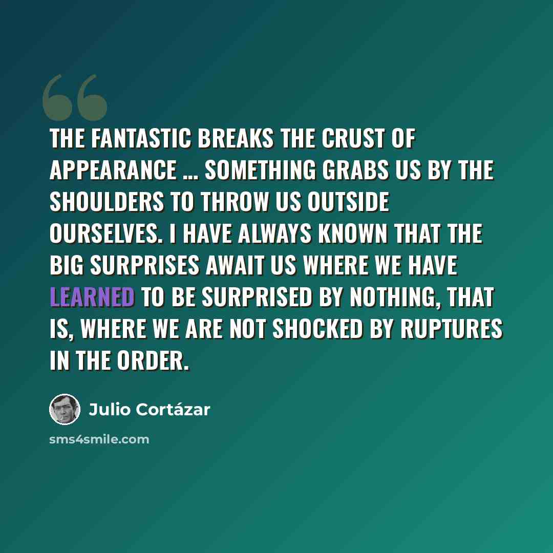 “The fantastic breaks the crust of appearance … something grabs us by the shoulders to throw us outside ourselves. I have always known that the big surprises await us where we have learned to be surprised by nothing, that is, where we are not shocked by ruptures in the order.” quote by Julio Cortazar