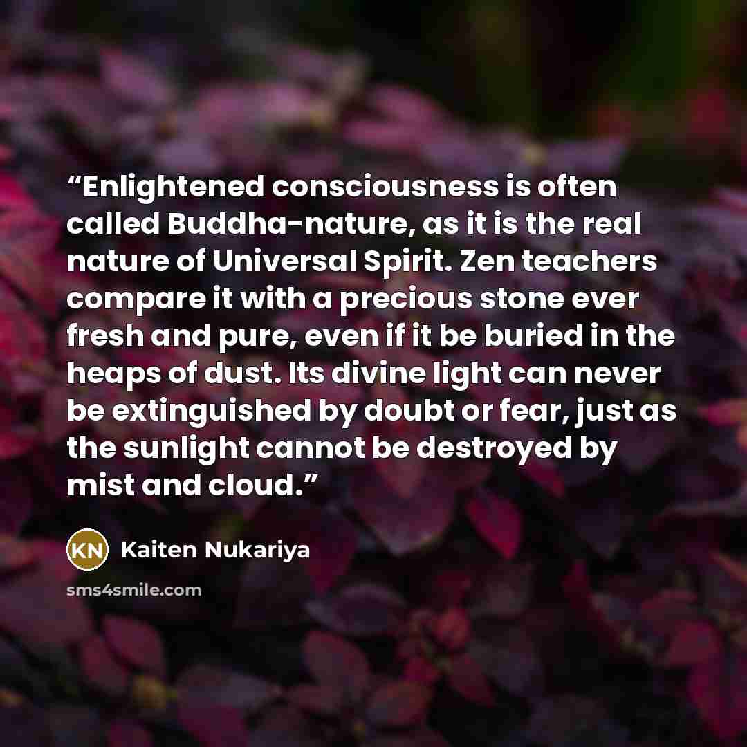 “Enlightened consciousness is often called Buddha-nature, as it is the real nature of Universal Spirit. Zen teachers compare it with a precious stone ever fresh and pure, even if it be buried in the heaps of dust. Its divine light can never be extinguished by doubt or fear, just as the sunlight…” quote by Kaiten Nukariya