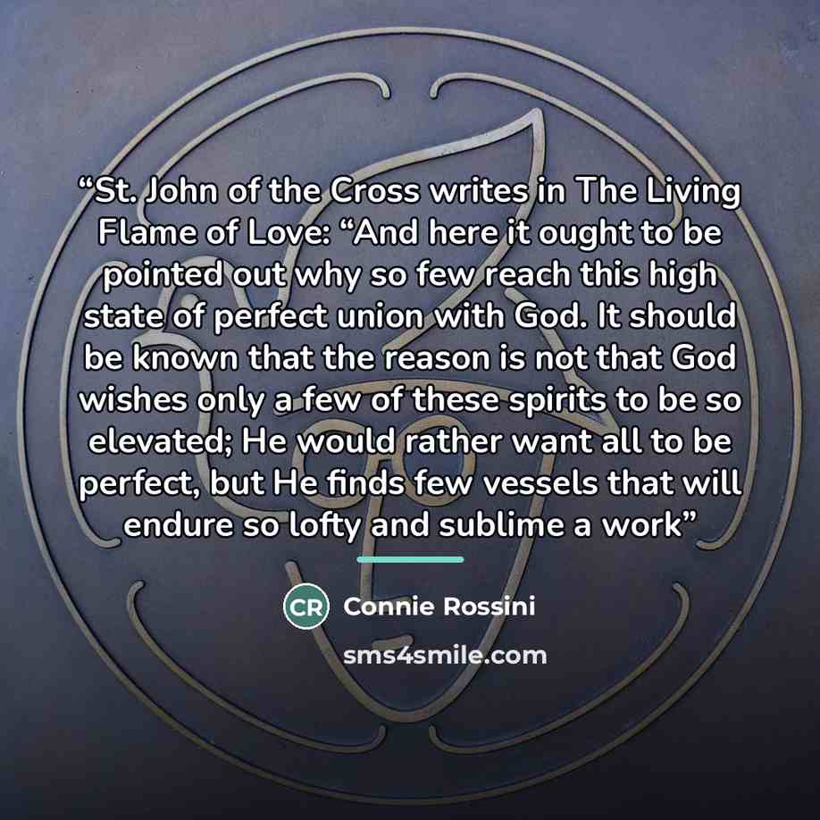 “St. John of the Cross writes in The Living Flame of Love: “And here it ought to be pointed out why so few reach this high state of perfect union with God. It should be known that the reason is not that God wishes only a few of these spirits to be so elevated; He would rather want all to be…” quote by Connie Rossini