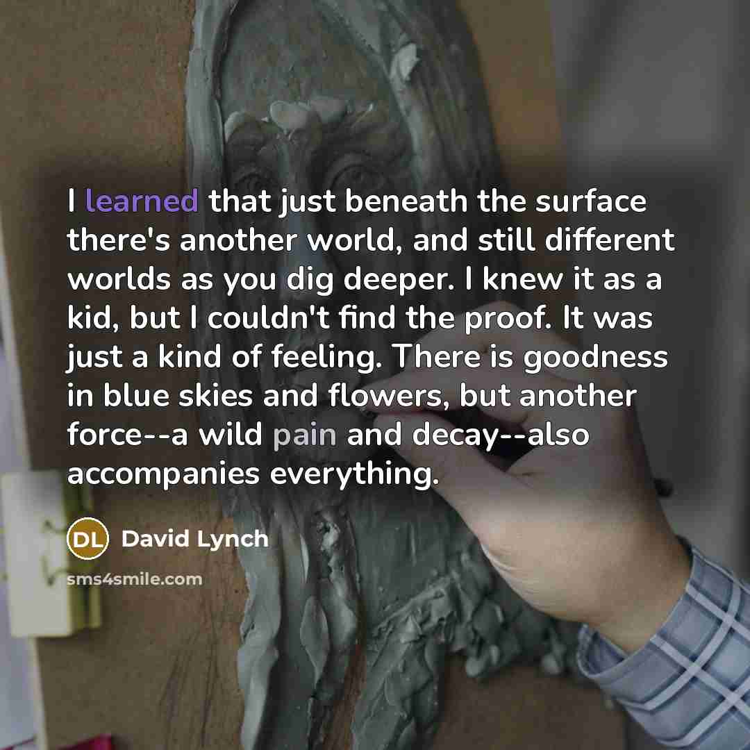 “I learned that just beneath the surface there's another world, and still different worlds as you dig deeper. I knew it as a kid, but I couldn't find the proof. It was just a kind of feeling. There is goodness in blue skies and flowers, but another force--a wild pain and decay--also accompanies…” quote by David Lynch