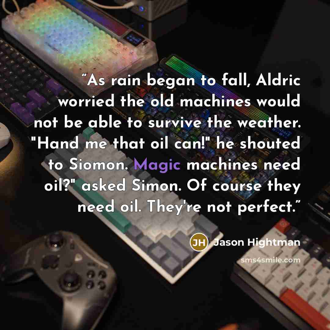 “As rain began to fall, Aldric worried the old machines would not be able to survive the weather. "Hand me that oil can!" he shouted to Siomon. Magic machines need oil?" asked Simon. Of course they need oil. They're not perfect.” quote by Jason Hightman