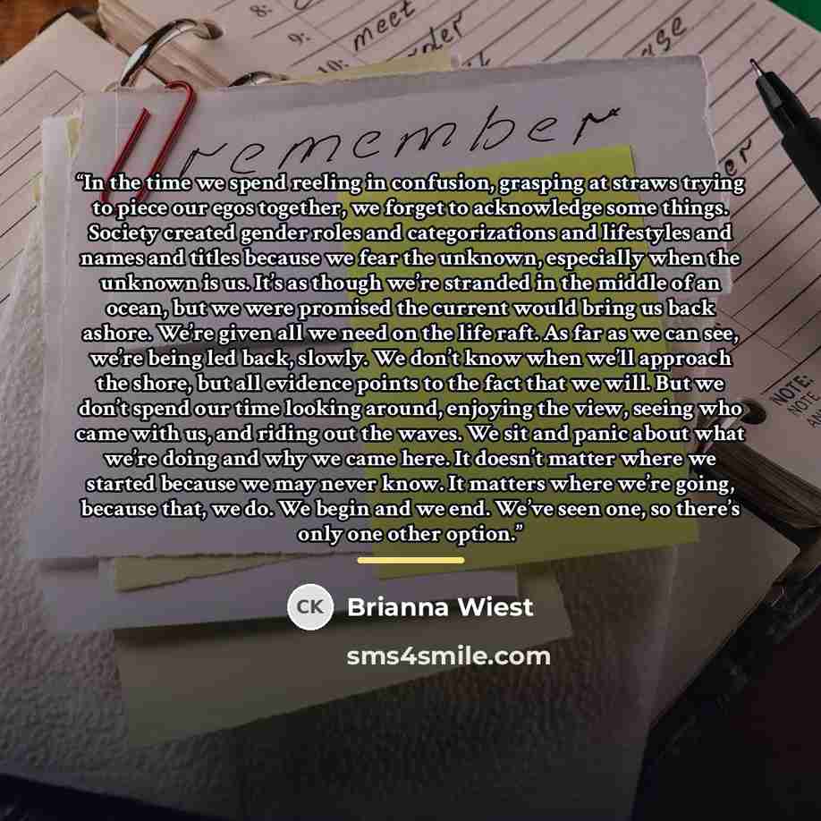 “In the time we spend reeling in confusion, grasping at straws trying to piece our egos together, we forget to acknowledge some things. Society created gender roles and categorizations and lifestyles and names and titles because we fear the unknown, especially when the unknown is us. It’s as though…” quote by Brianna Wiest