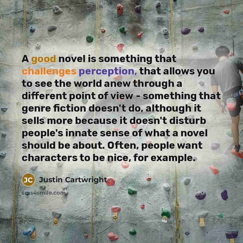 “A good novel is something that challenges perception, that allows you to see the world anew through a different point of view - something that genre fiction doesn't do, although it sells more because it doesn't disturb people's innate sense of what a novel should be about. Often, people want…” quote by Justin Cartwright