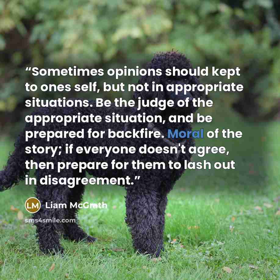 “Sometimes opinions should kept to ones self, but not in appropriate situations. Be the judge of the appropriate situation, and be prepared for backfire. Moral of the story; if everyone doesn't agree, then prepare for them to lash out in disagreement.” quote by Liam McGrath
