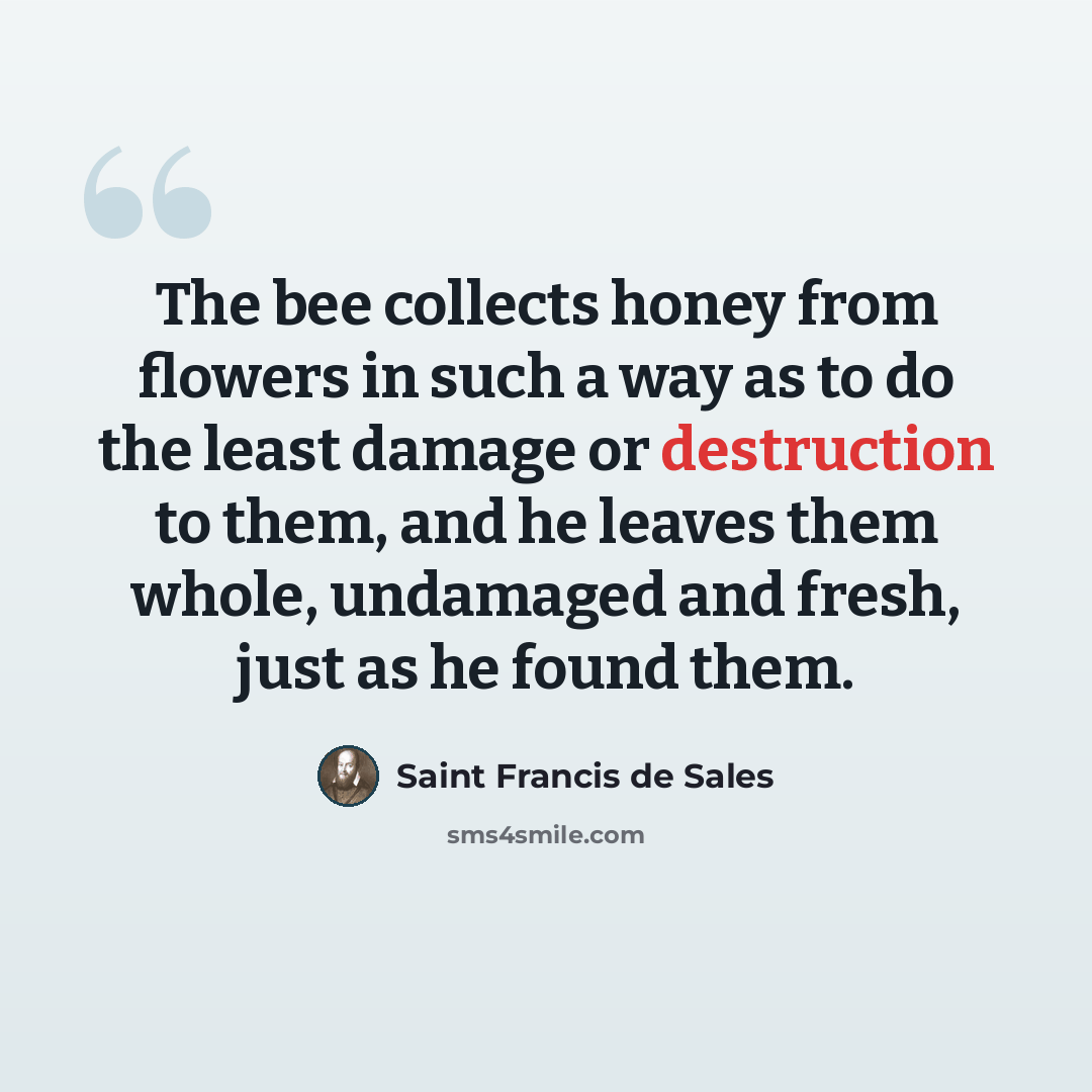 “The bee collects honey from flowers in such a way as to do the least damage or destruction to them, and he leaves them whole, undamaged and fresh, just as he found them.” quote by Saint Francis de Sales