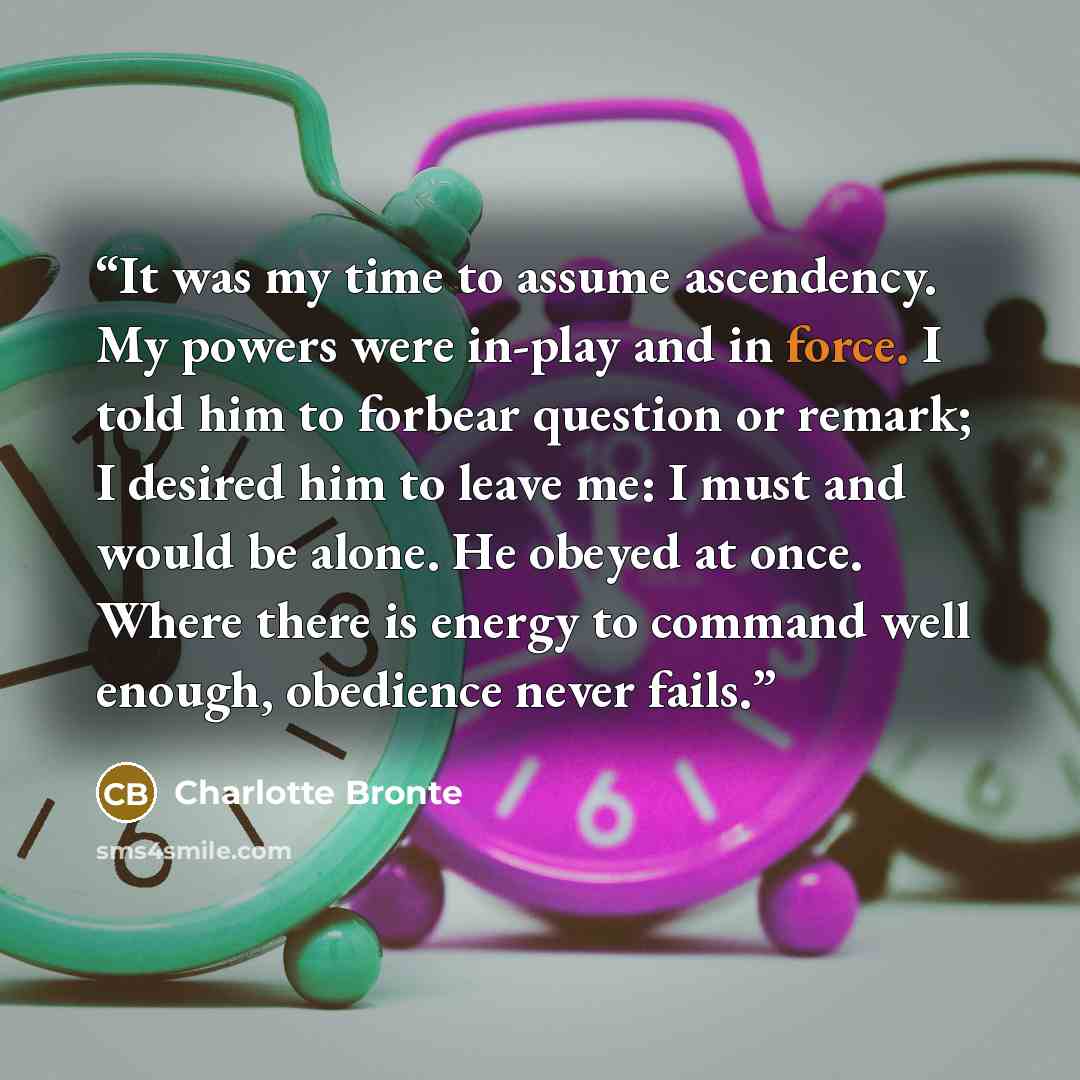 “It was my time to assume ascendency. My powers were in-play and in force. I told him to forbear question or remark; I desired him to leave me: I must and would be alone. He obeyed at once. Where there is energy to command well enough, obedience never fails.” quote by Charlotte Brontë