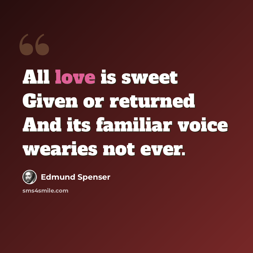“All love is sweet Given or returned And its familiar voice wearies not ever.” quote by Edmund Spenser