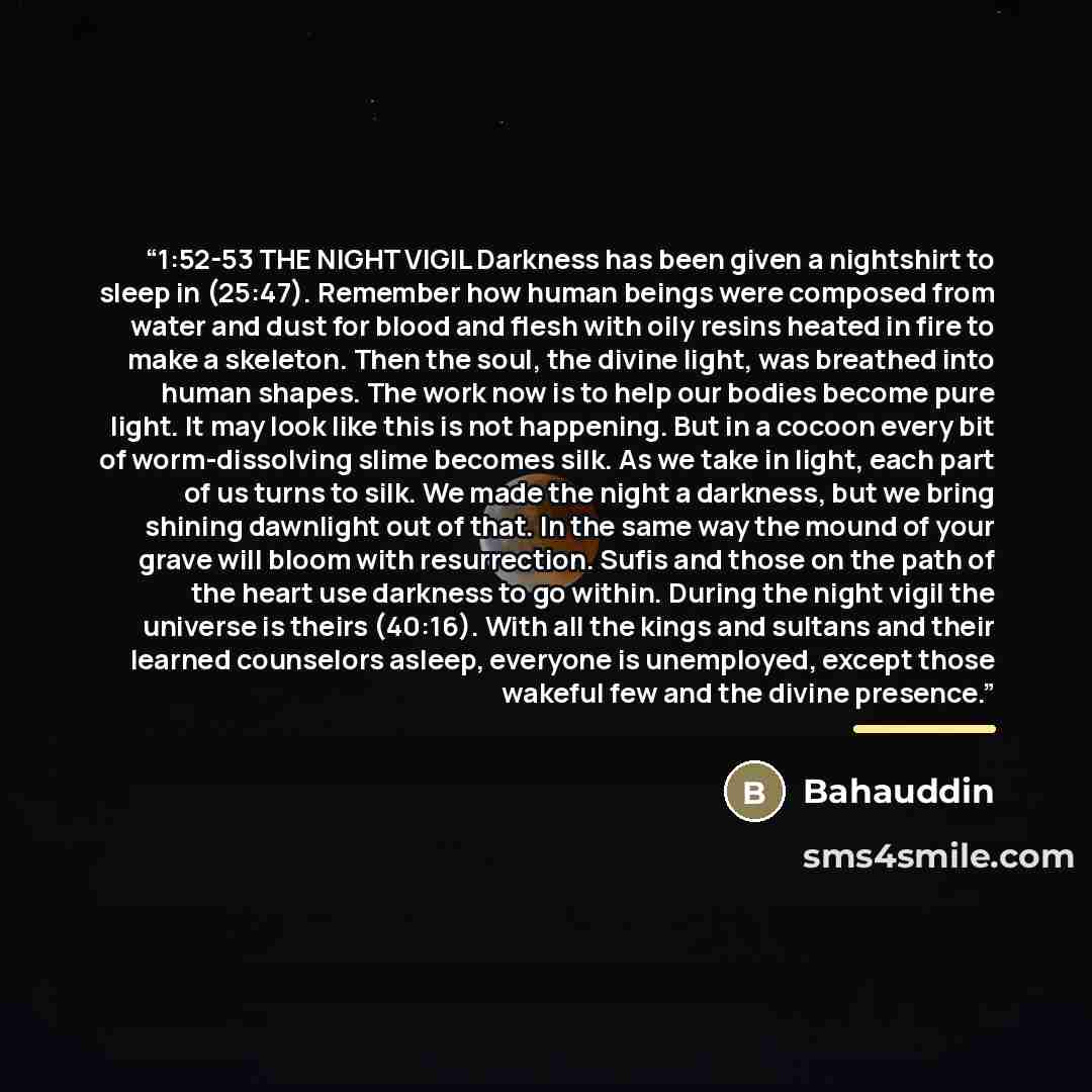 “1:52-53 THE NIGHT VIGIL Darkness has been given a nightshirt to sleep in (25:47). Remember how human beings were composed from water and dust for blood and flesh with oily resins heated in fire to make a skeleton. Then the soul, the divine light, was breathed into human shapes. The work now is to…” quote by Bahauddin
