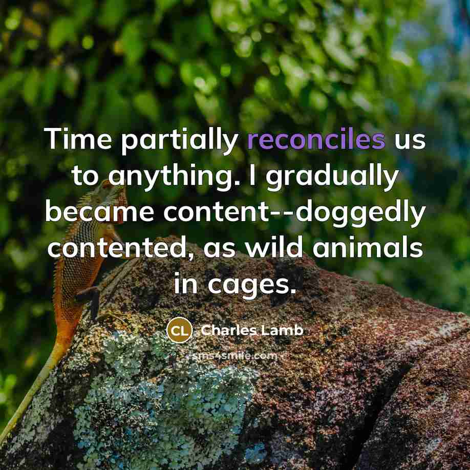 “Time partially reconciles us to anything. I gradually became content--doggedly contented, as wild animals in cages.” quote by Charles Lamb