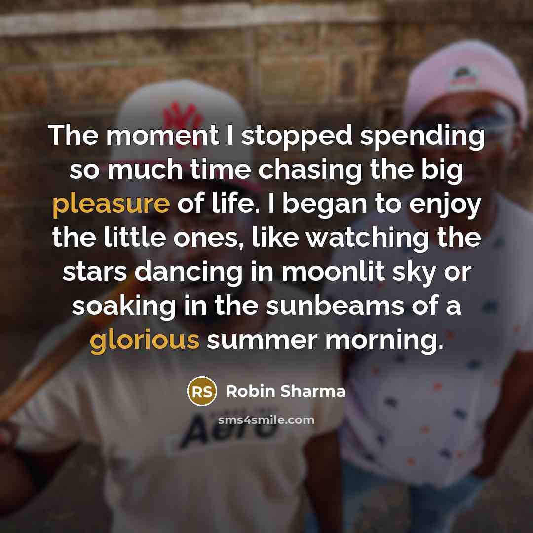 “The moment I stopped spending so much time chasing the big pleasure of life. I began to enjoy the little ones, like watching the stars dancing in moonlit sky or soaking in the sunbeams of a glorious summer morning.” quote by Robin Sharma