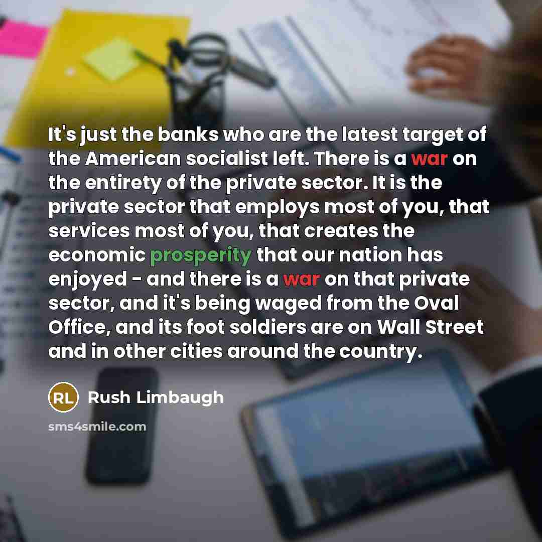“It's just the banks who are the latest target of the American socialist left. There is a war on the entirety of the private sector. It is the private sector that employs most of you, that services most of you, that creates the economic prosperity that our nation has enjoyed - and there is a war on…” quote by Rush Limbaugh