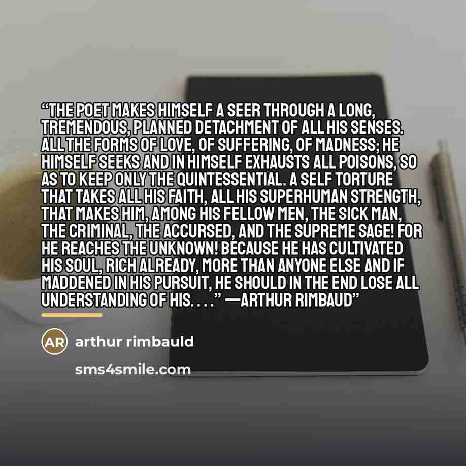 “The poet makes himself a seer through a long, tremendous, planned detachment of all his senses. All the forms of love, of suffering, of madness; he himself seeks and in himself exhausts all poisons, so as to keep only the quintessential. A self torture that takes all his faith, all his superhuman…” quote by Arthur Rimbauld