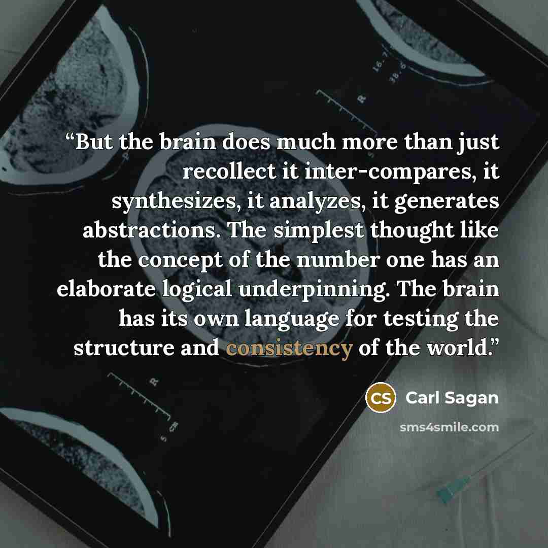 “But the brain does much more than just recollect it inter-compares, it synthesizes, it analyzes, it generates abstractions. The simplest thought like the concept of the number one has an elaborate logical underpinning. The brain has its own language for testing the structure and consistency of the…” quote by Carl Sagan